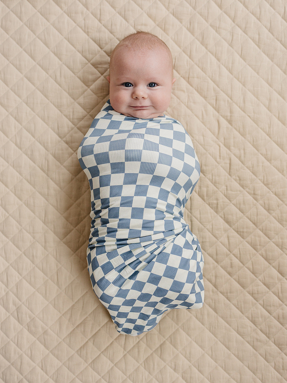 Blue Checkered Ribbed Bamboo Stretch Swaddle