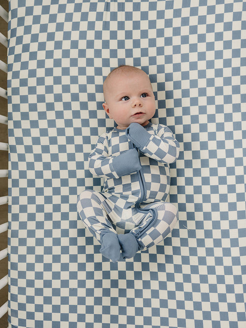 Blue Checkered Ribbed Bamboo Stretch Crib Sheet