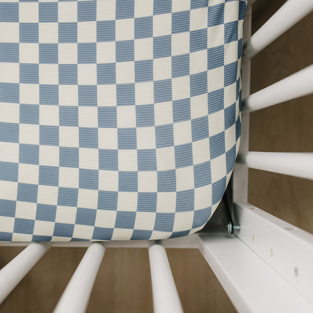 Blue Checkered Ribbed Bamboo Stretch Crib Sheet
